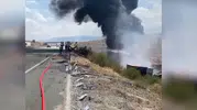 Devrilen madeni yağ yüklü tırın sürücüsü çıkan yangında öldü