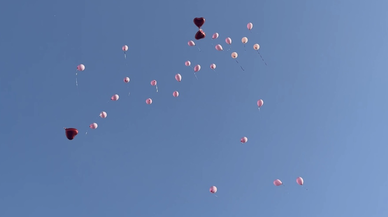 Meme kanserini yenen kadın için gökyüzüne pembe balonlar bırakıldı